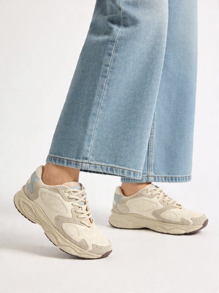 Fast Wear Ivory Sude-Detail Mesh Lace-Up Sneakers