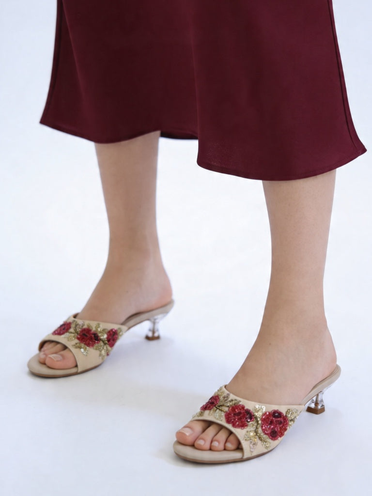 Fast Wear Ivory Floral Embroidered Heel Sandals