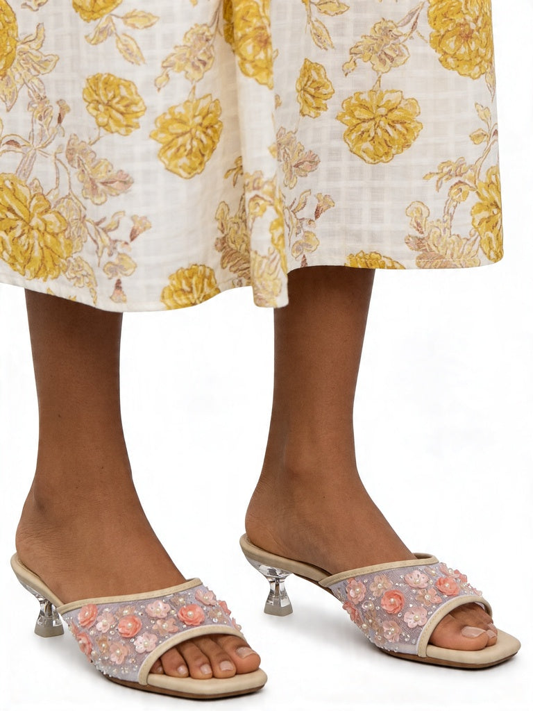 Fast Wear Light Pink Floral Sequin Kitten Heel Sandals