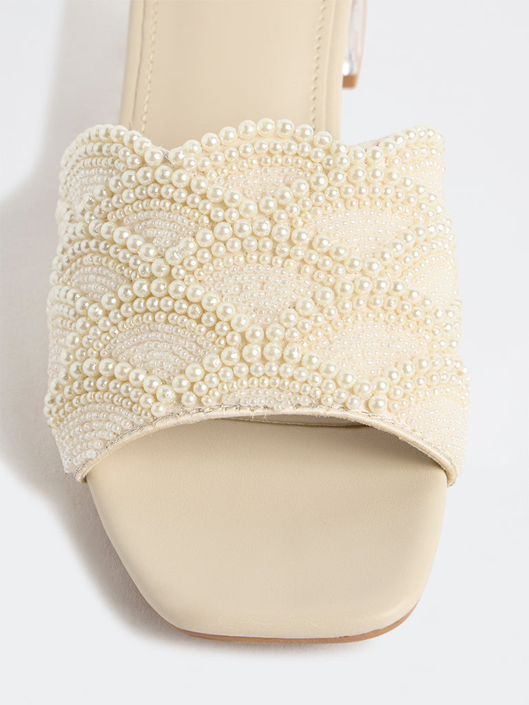 Fast Wear Ivory Pearl-Detailed Block-Heel Sandals