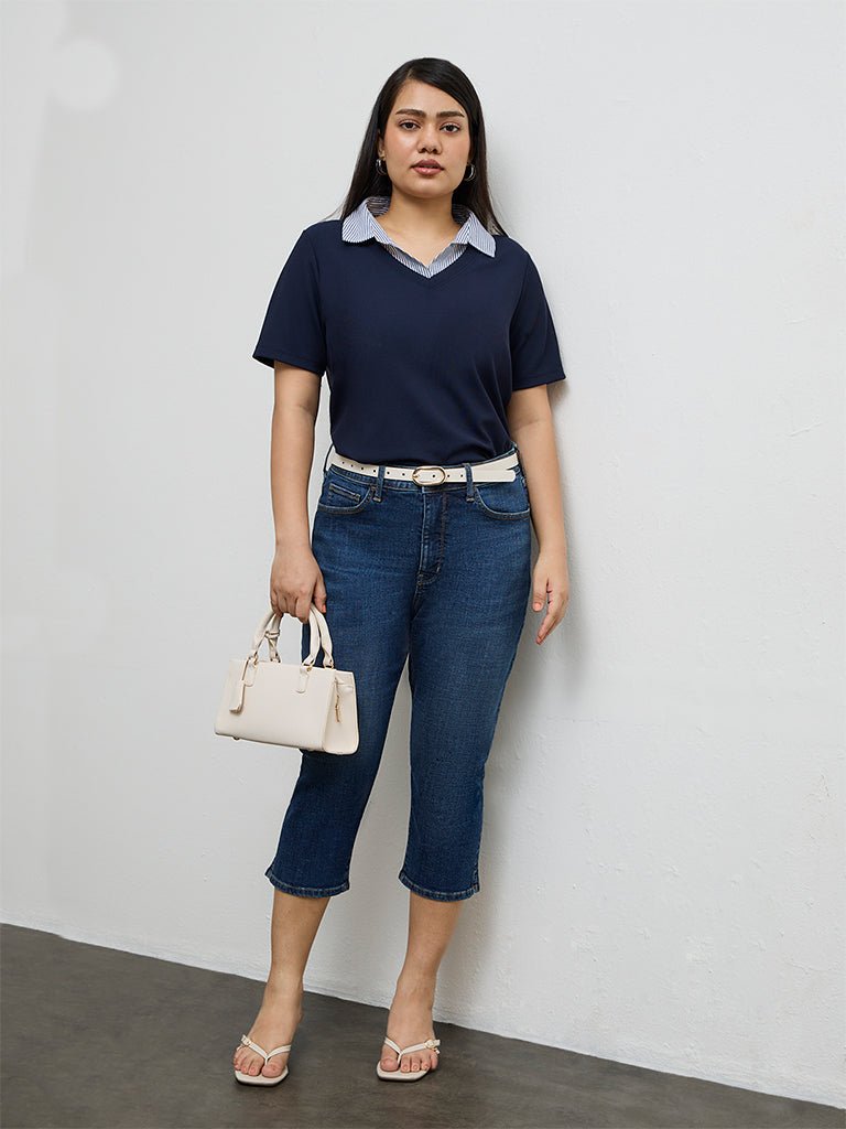 Fast Wear Dark Blue High-Rise Capri Jeans