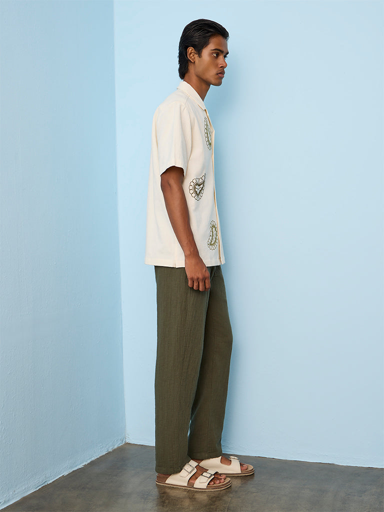 Fast Wear Olive Textured Relaxed-Fit Mid-Rise Cotton Chinos