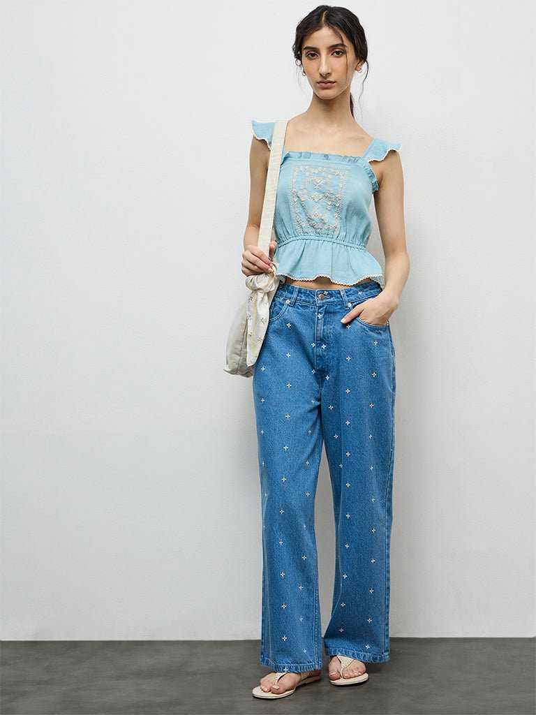 Fast Wear Blue Embroidered High-Rise Jeans