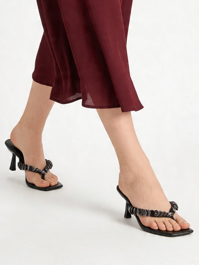 Fast Wear Black Sequin-Detailed Thong-Strap Heel Sandals
