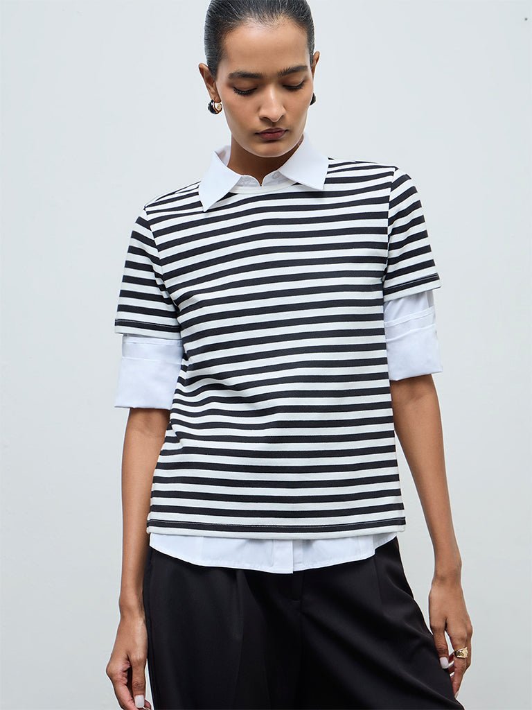 Fast Wear Black Striped Cotton-Blend T-Shirt