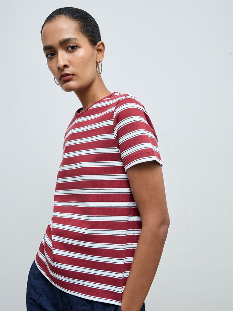 Fast Wear Burgundy Striped Cotton-Blend T-Shirt