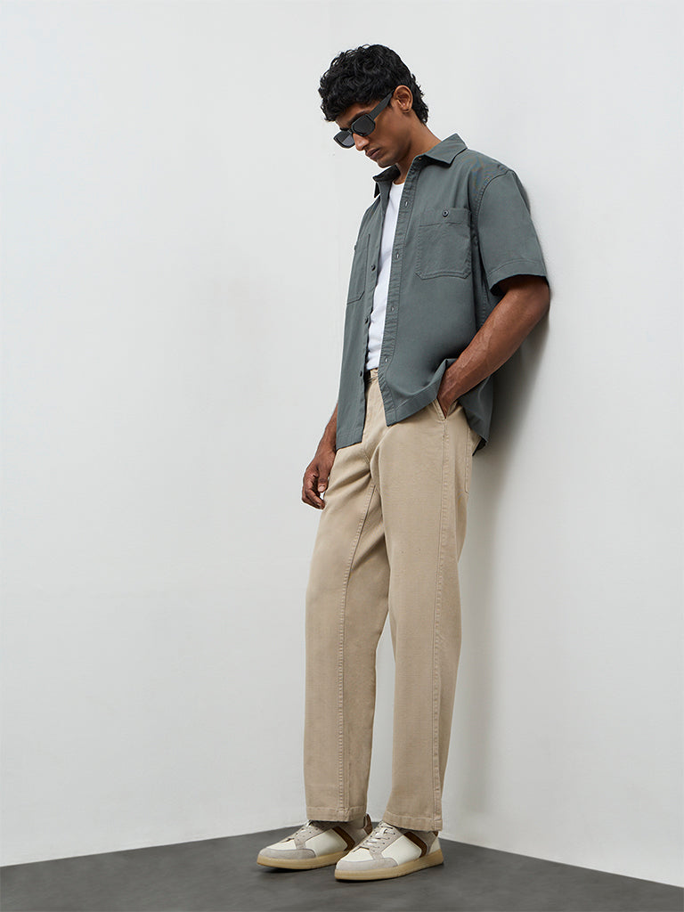 Fast Wear Beige Relaxed-Fit Mid-Rise Cotton Trousers