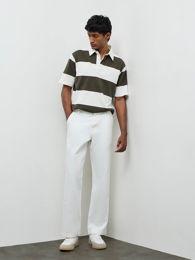 Fast Wear White Relaxed-Fit Mid-Rise Cotton Trousers