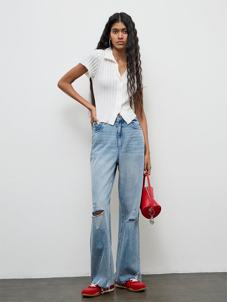 Fast Wear Blue Washed Distressed High-Rise Jeans