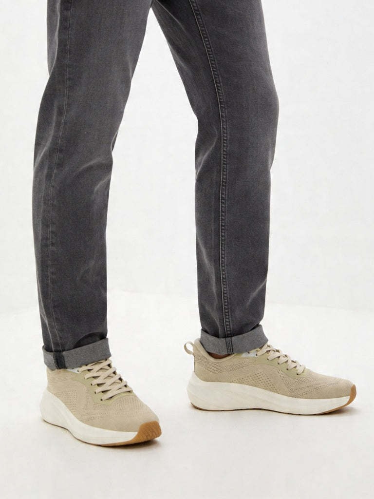Fast Wear Light Beige Knit-Textured Lace-Up Sneakers