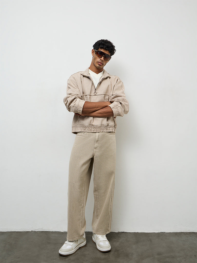 Fast Wear Taupe Barrel-Fit Mid-Rise Jeans