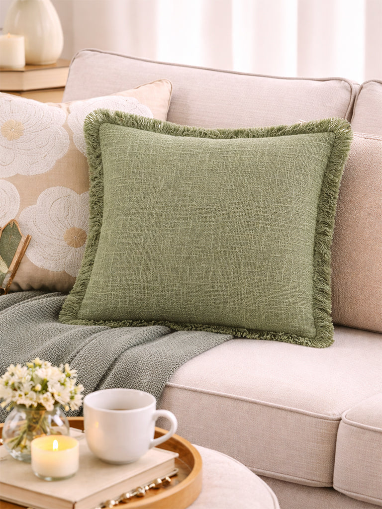 Fast Wear Green Textured Fringe-Detail Cushion Cover