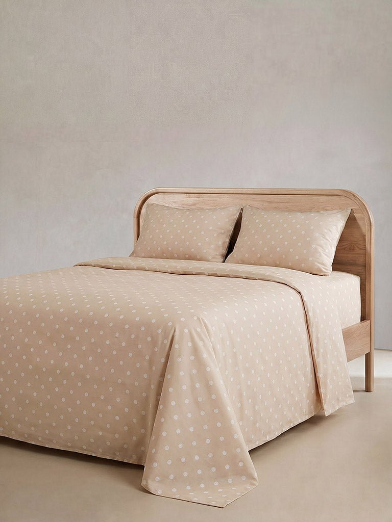 Fast Wear Light Taupe Polka Dot Printed Fitted Queen Bed Sheet Set