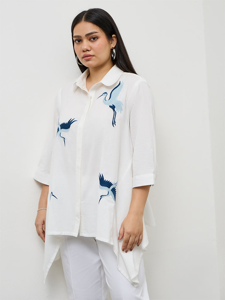 Fast Wear White Bird Embroidered Cotton-Blend Tunic