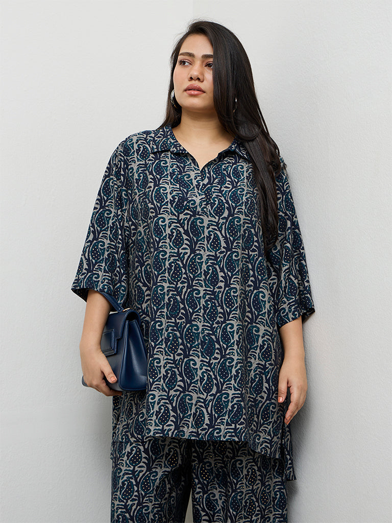 Fast Wear Indigo Paisley Printed High-Low Tunic