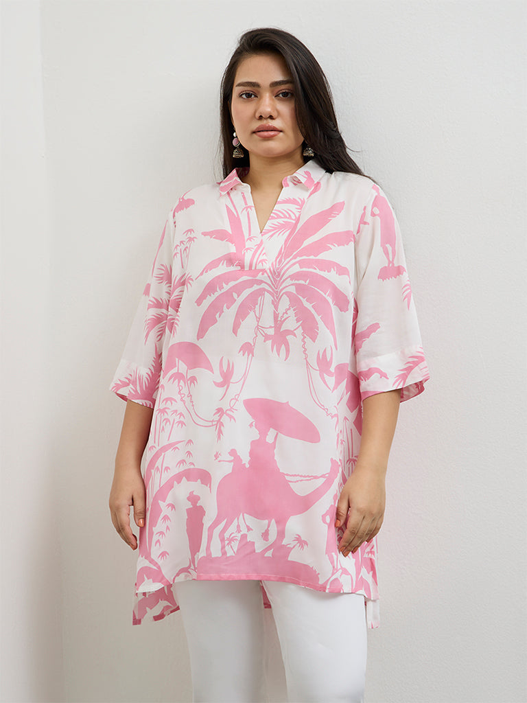 Fast Wear Pink Tropical Printed High-Low Tunic
