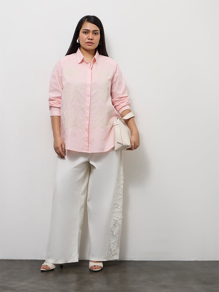 Fast Wear White Floral Embroidered High-Rise Jeans