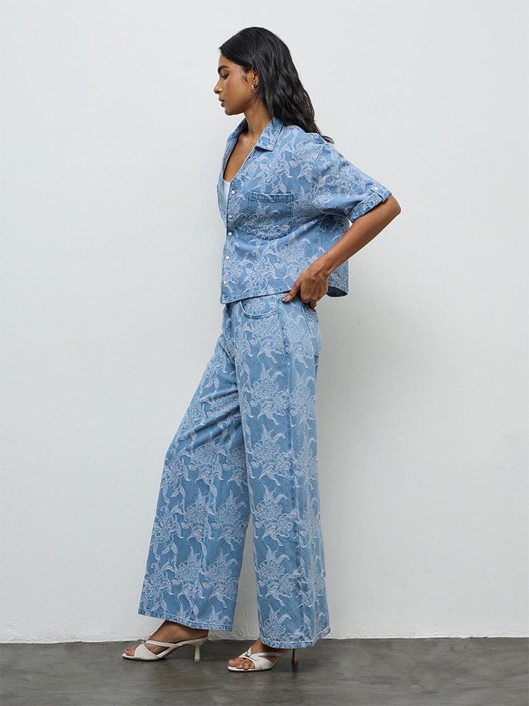 Fast Wear Blue Floral Embroidered High-Rise Jeans with Belt