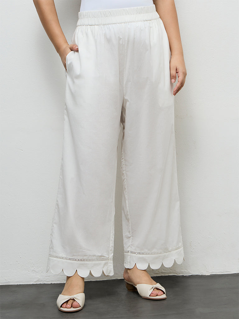 Fast Wear Off-White Scallop-Detailed Cotton Pants
