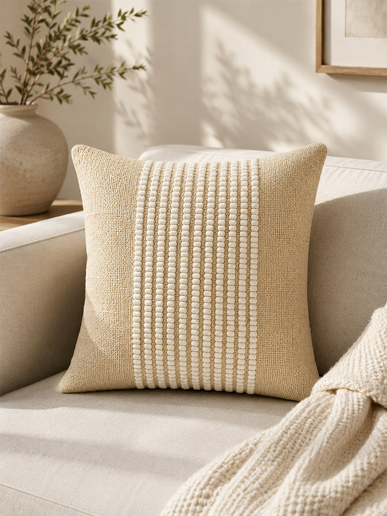 Fast Wear Beige Stripe Embroidered Cushion Cover