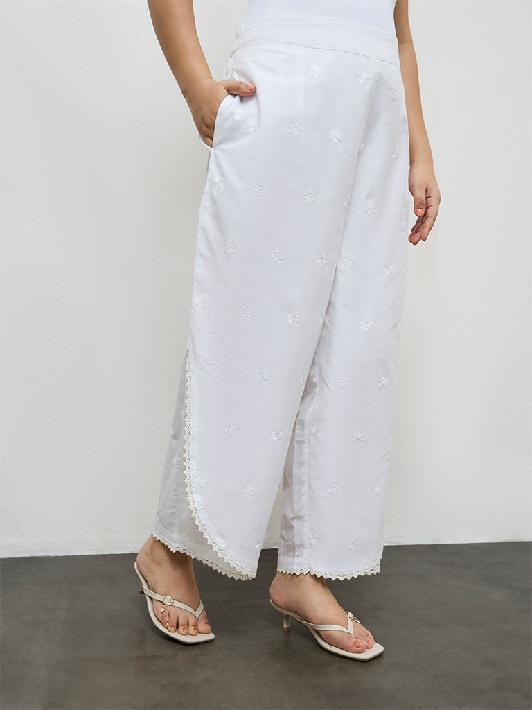 Fast Wear White Floral Embroidered Cotton Pants