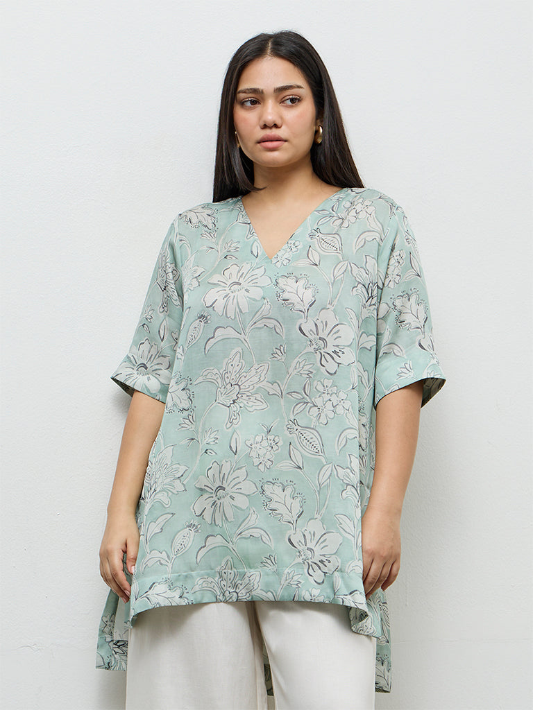 Fast Wear Mint Floral Printed High-Low Tunic