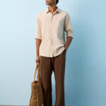 Fast Wear Brown Textured Relaxed-Fit Mid-Rise Cotton Pants