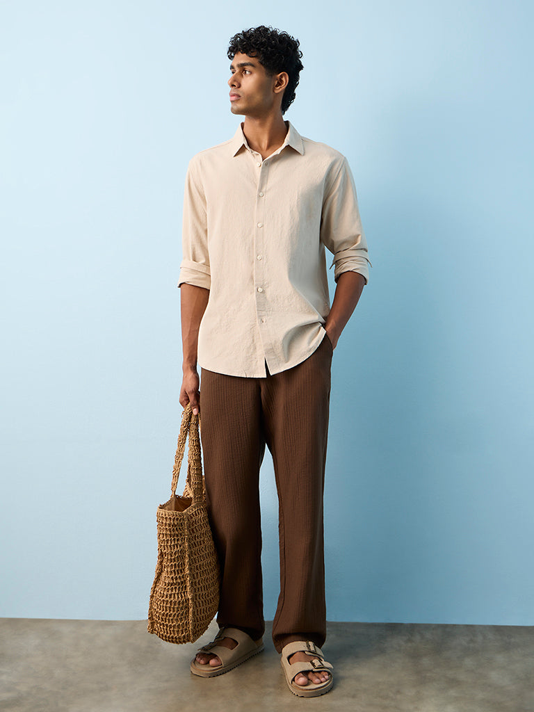 Fast Wear Brown Textured Relaxed-Fit Mid-Rise Cotton Pants