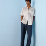 Fast Wear Dark Blue Self-Striped Relaxed-Fit Mid-Rise Cotton Pants