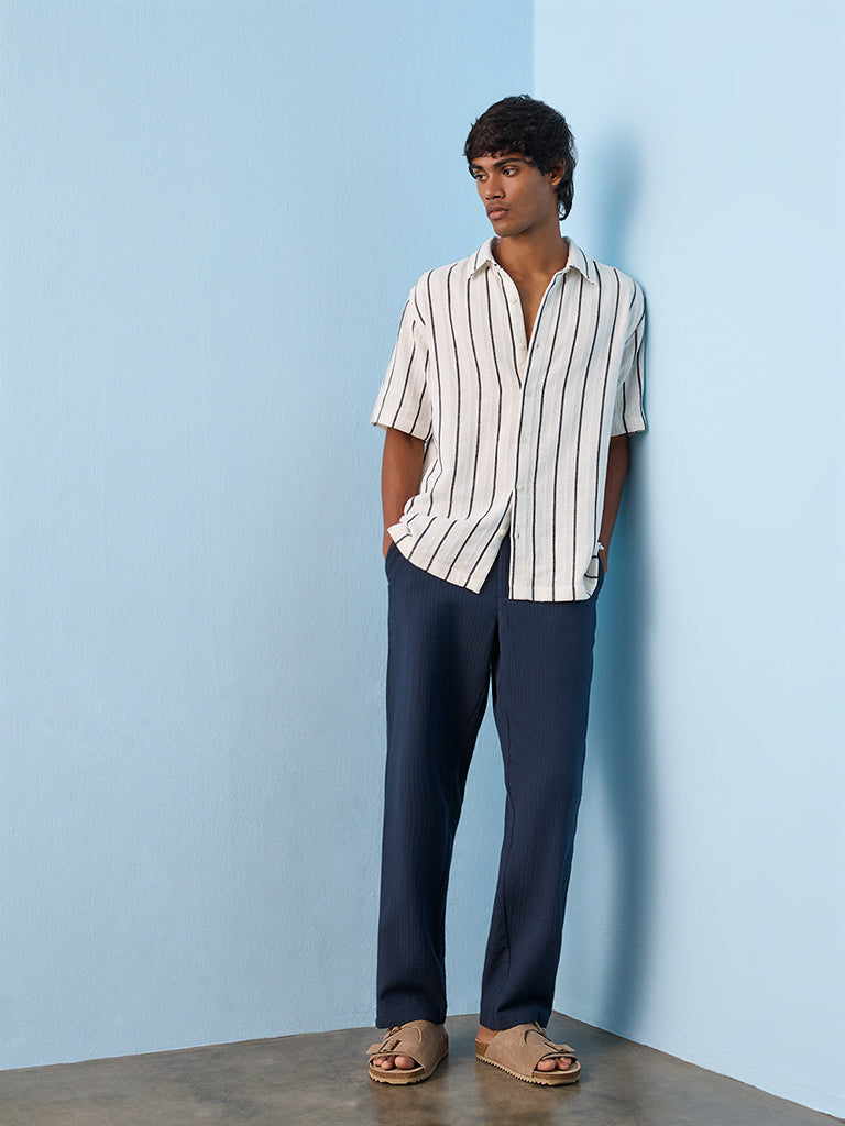 Fast Wear Dark Blue Self-Striped Relaxed-Fit Mid-Rise Cotton Pants