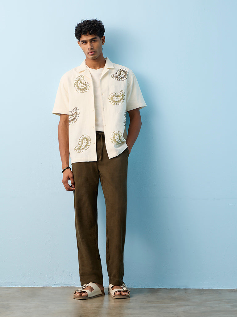 Fast Wear Dark Olive Textured Relaxed-Fit Mid-Rise Cotton Pants
