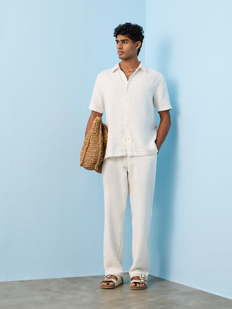 Fast Wear Off-White Textured Relaxed-Fit Mid-Rise Cotton Pants