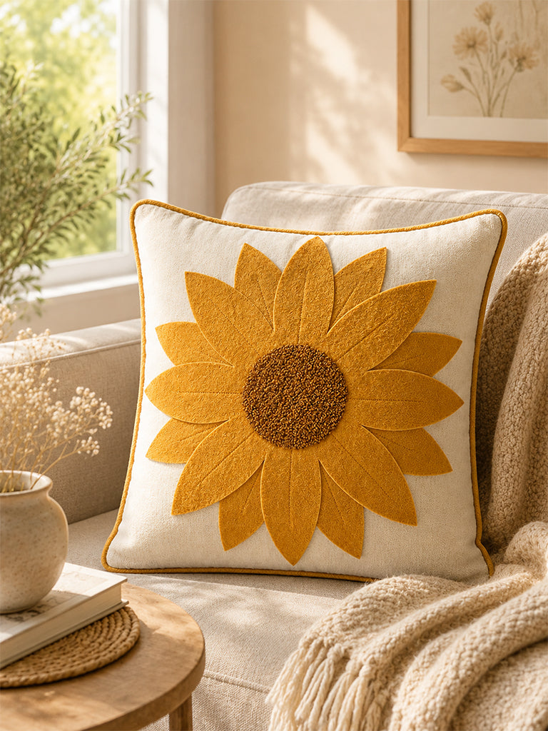 Fast Wear Yellow Sunflower Applique Cushion Cover