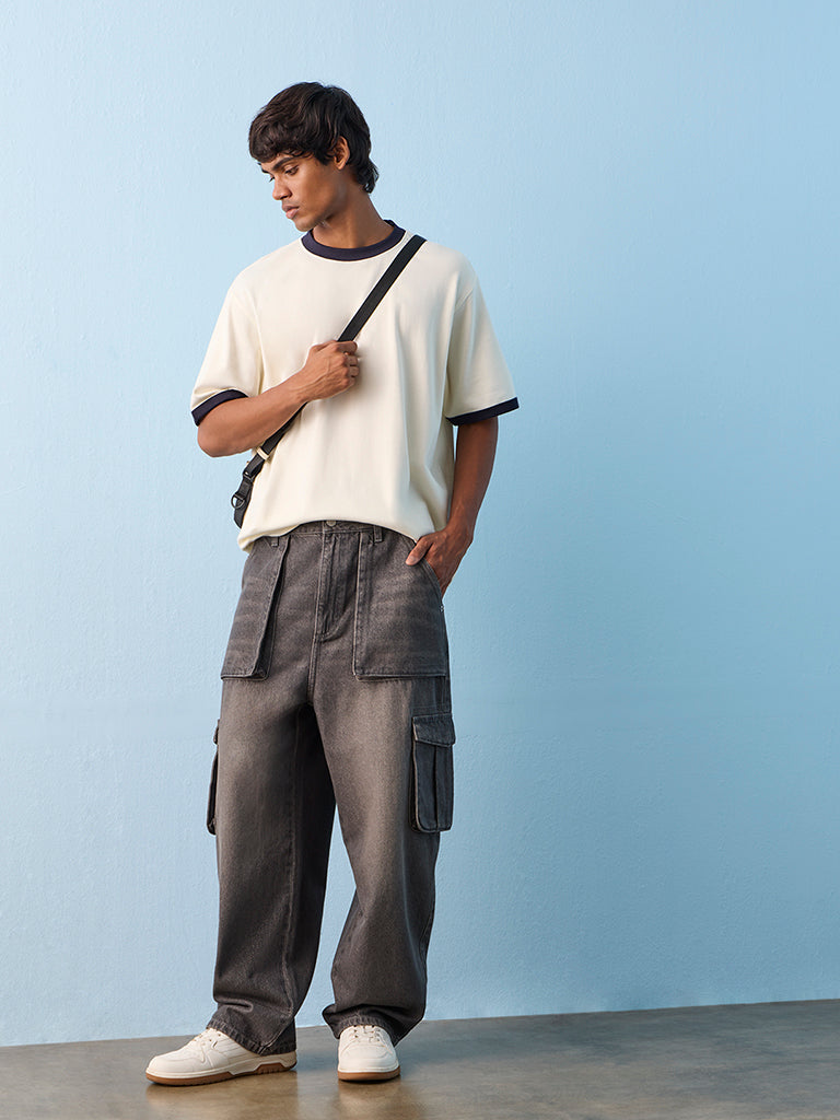 Fast Wear Charcoal Skater-Fit Mid-Rise Cargo Jeans