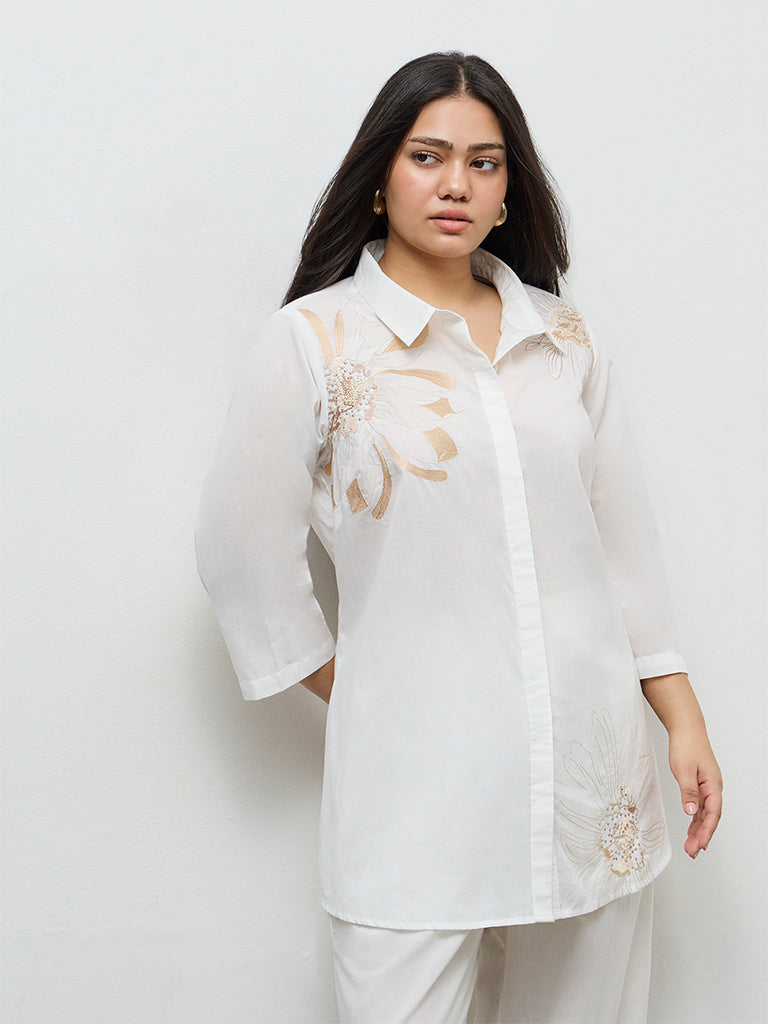 Fast Wear White Floral Embroidered Cotton Tunic