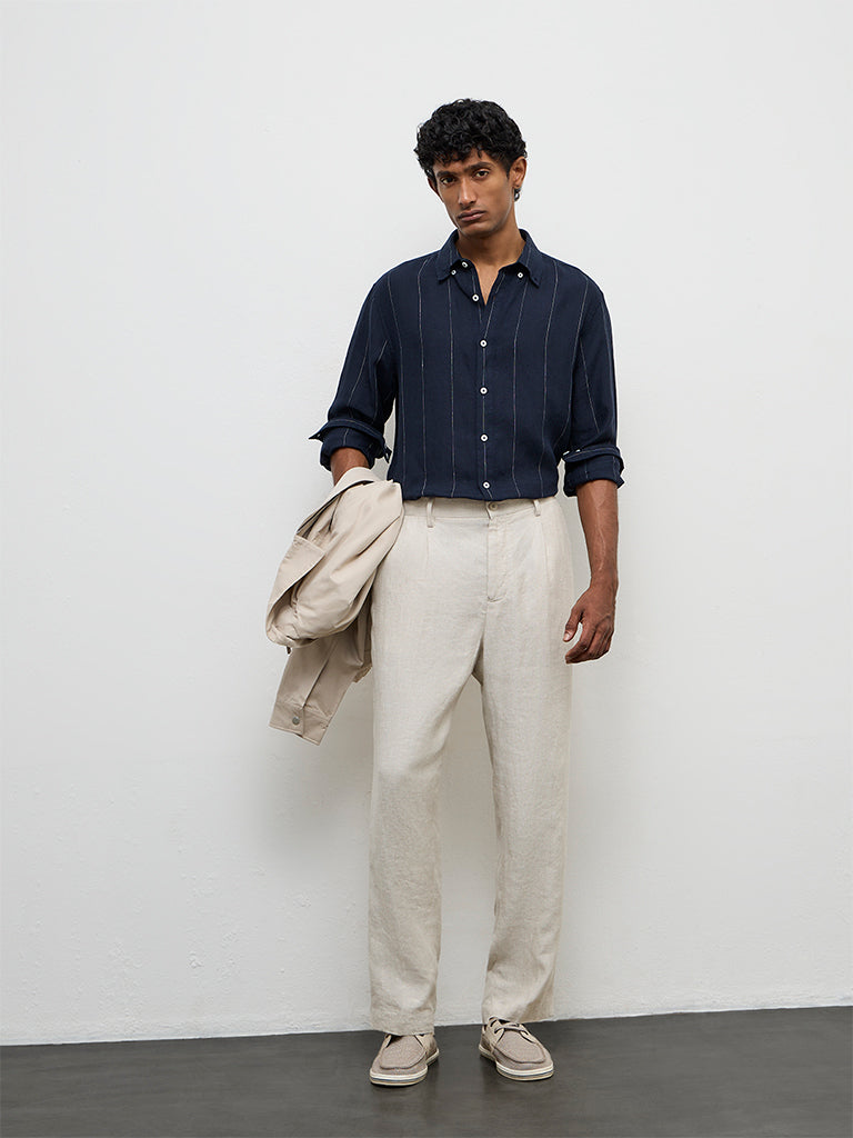 Fast Wear Beige Mid-Rise Relaxed-Fit Trousers