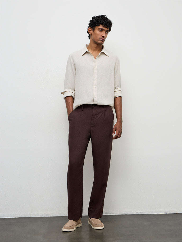 Fast Wear Dark Brown Mid-Rise Relaxed-Fit Linen Trousers
