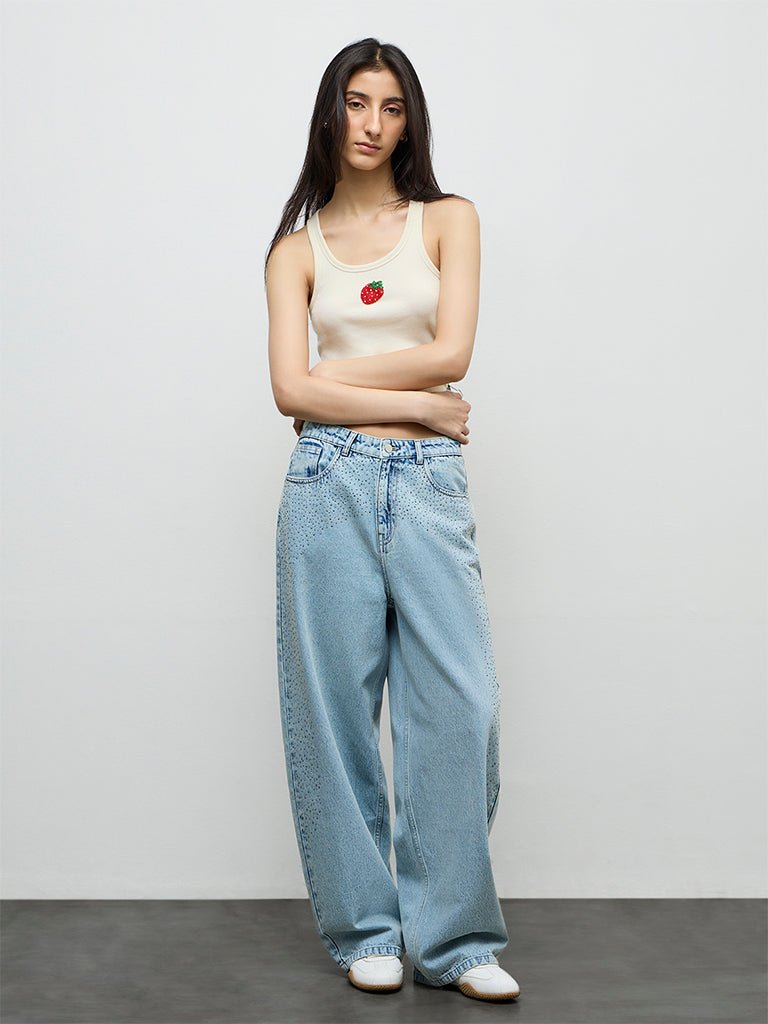 Fast Wear Light Blue Embellished High-Rise Jeans