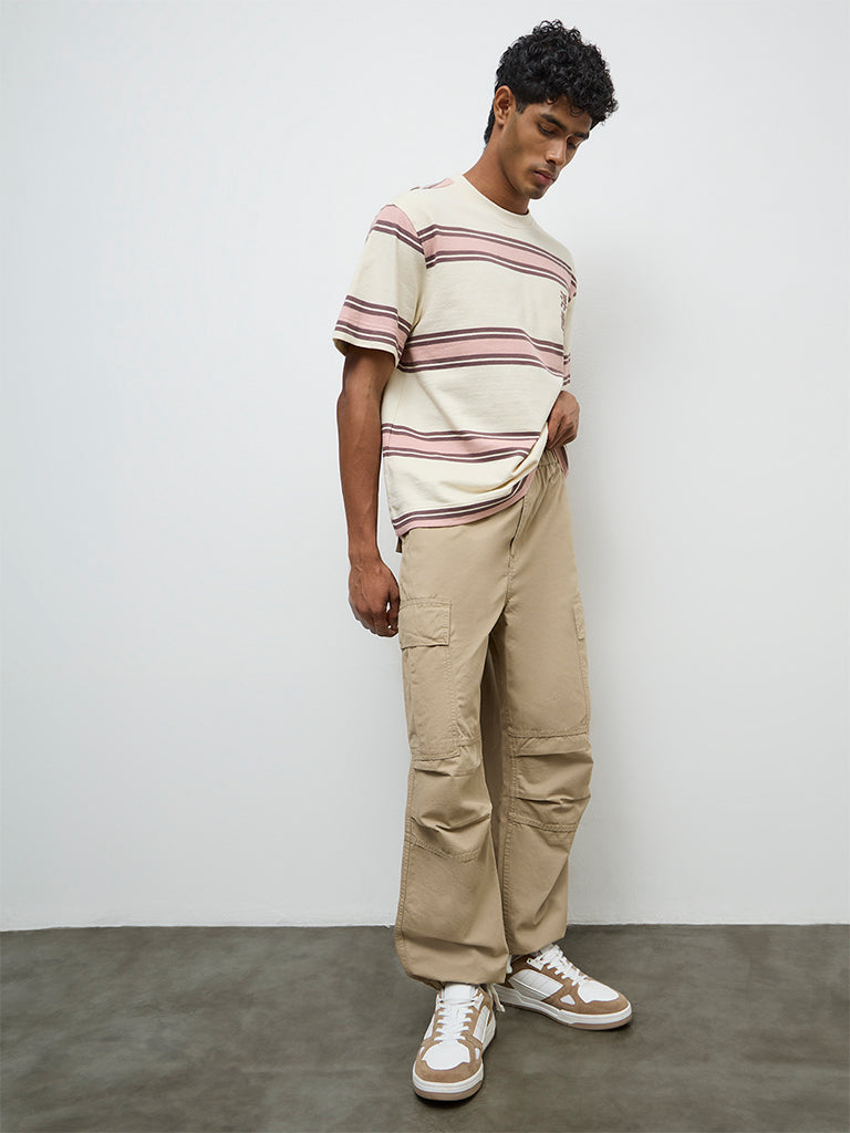 Fast Wear Beige Baggy-Fit Mid-Rise Cotton Cargo Pants