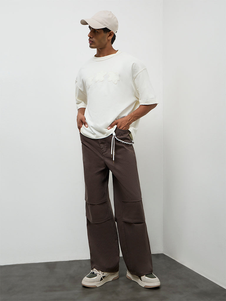 Fast Wear Brown Relaxed-Fit Mid-Rise Cotton Trousers with a Braided Cord
