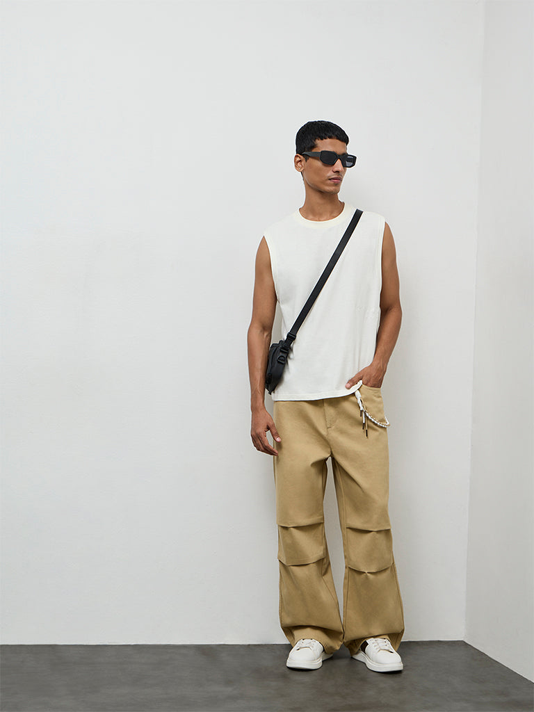 Fast Wear Tan Relaxed-Fit Mid-Rise Cotton Trousers with Braided Cord