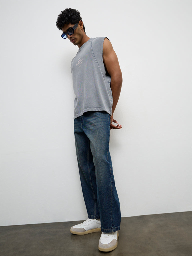 Fast Wear Blue Mid-Wash Barrel-Fit Mid-Rise Jeans