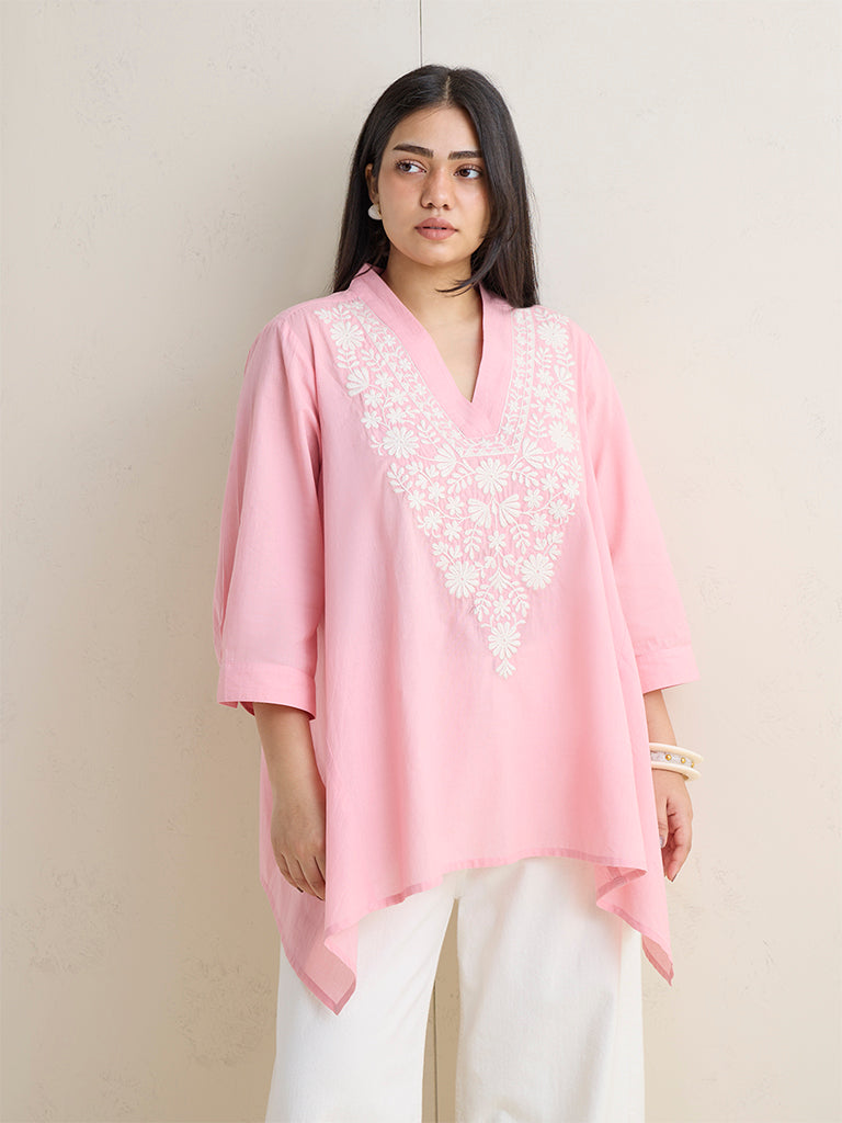 Fast Wear Pink Floral Embroidered Cotton Tunic