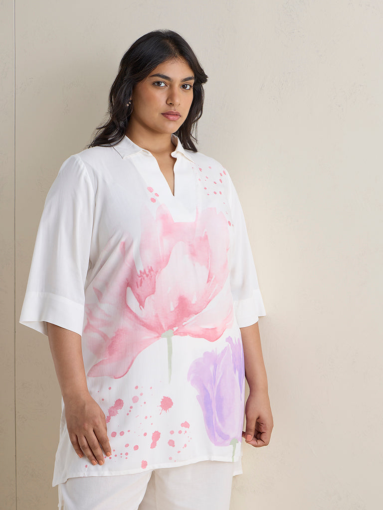 Fast Wear White Floral Printed High-Low Tunic