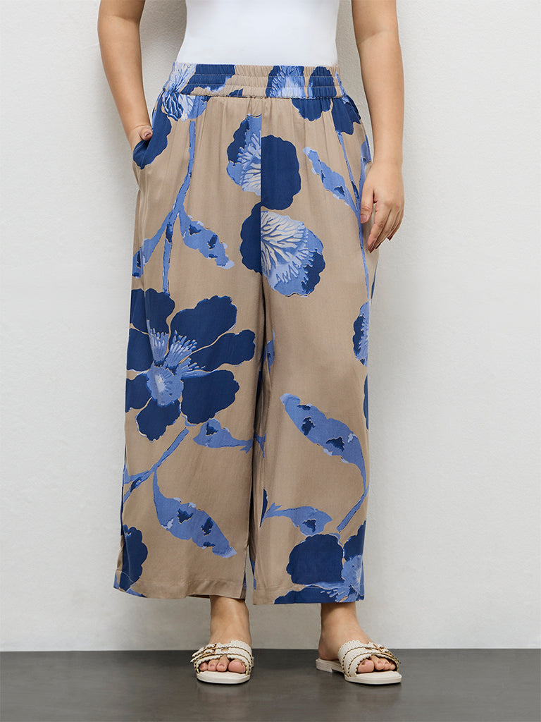 Fast Wear Taupe Foliage Printed Palazzos