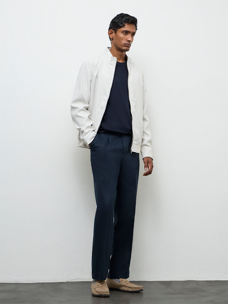 Fast Wear Navy Relaxed-Fit Mid-Rise Linen Trousers