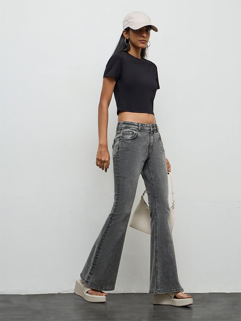 Fast Wear Light Grey Washed High-Rise Flared Jeans