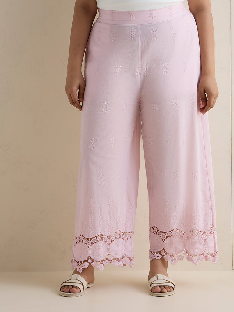 Fast Wear Light Pink Embroidered Cotton Pants
