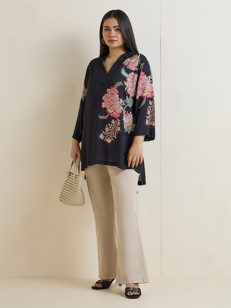 Fast Wear Black Floral Design High-Low Tunic