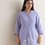 Fast Wear Lilac Floral Embroidered Cotton Straight Kurti